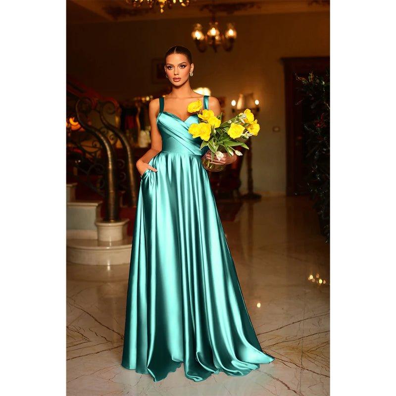 Vestido largo de fiesta formal de satén plisado con escote corazón y corte en A, con bolsillos 