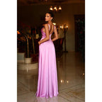Vestido largo de fiesta formal de satén plisado con escote corazón y corte en A, con bolsillos 