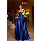 Vestido largo de fiesta formal de satén plisado con escote corazón y corte en A, con bolsillos 