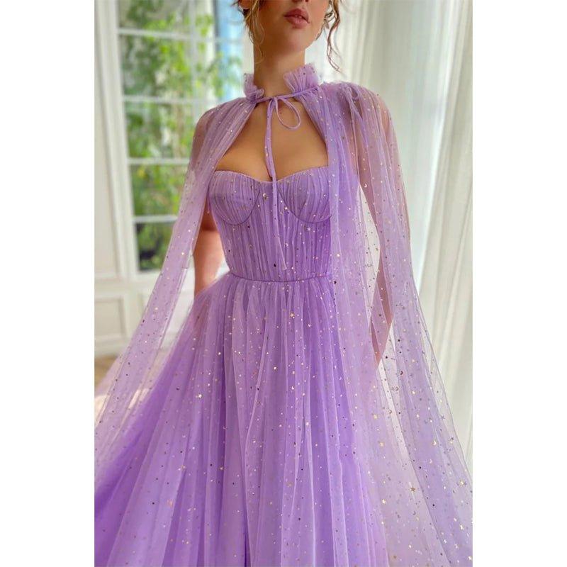 Vestido largo de fiesta lila con escote corazón y bolsillos, corte en A