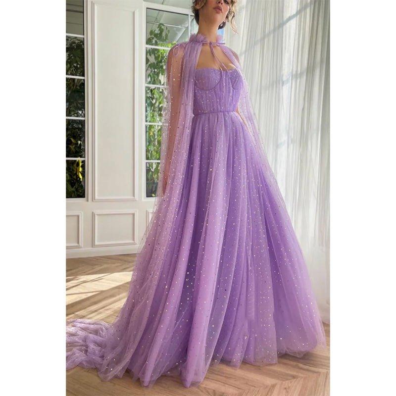 Vestido largo de fiesta lila con escote corazón y bolsillos, corte en A