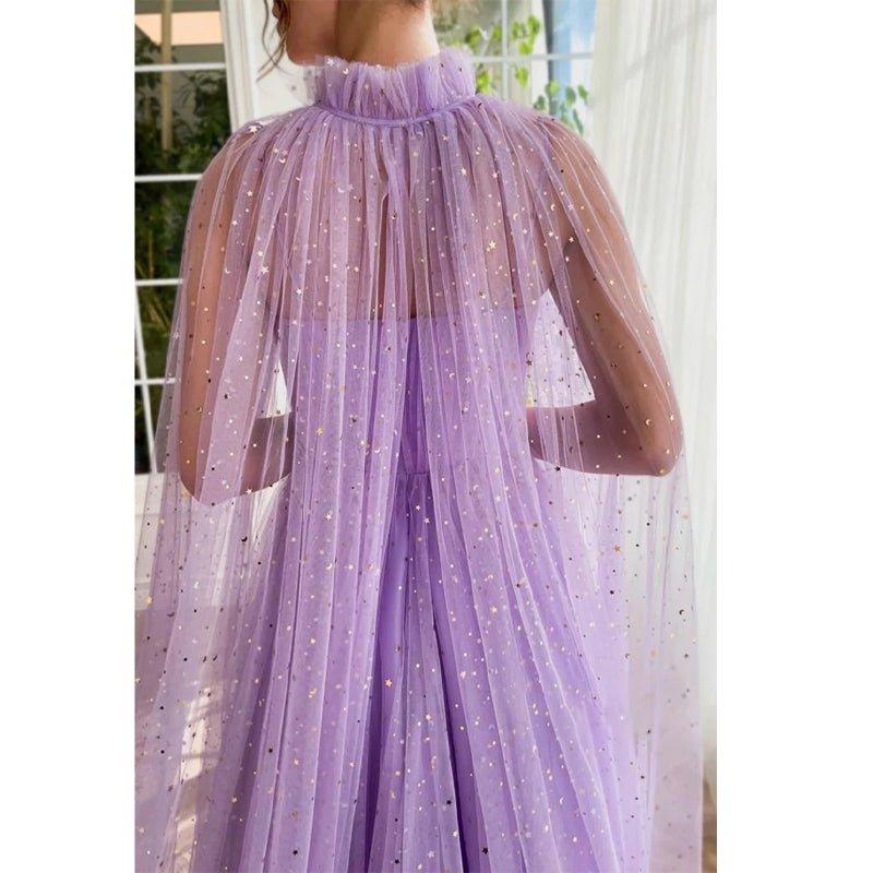 Vestido largo de fiesta lila con escote corazón y bolsillos, corte en A