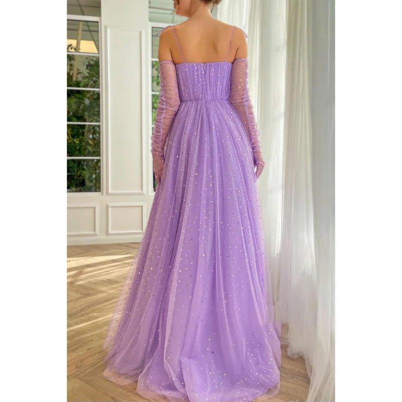 Vestido largo de fiesta lila con escote corazón y bolsillos, corte en A