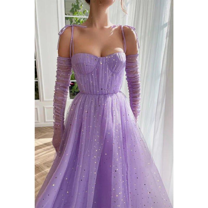 Vestido largo de fiesta lila con escote corazón y bolsillos, corte en A