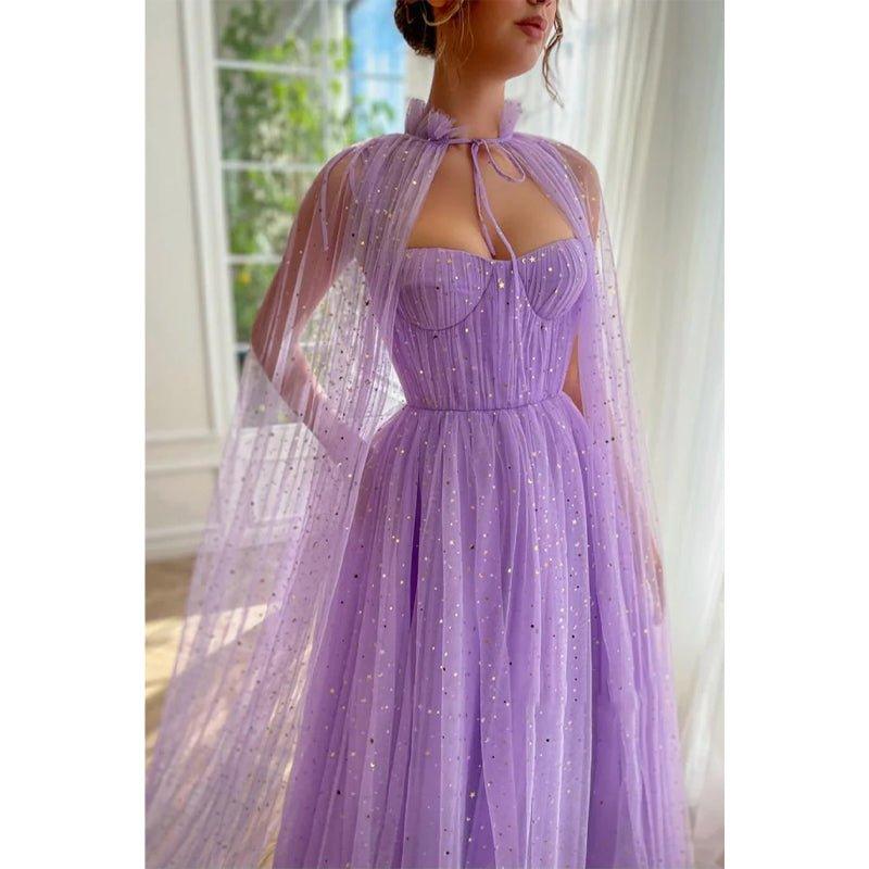 Vestido largo de fiesta lila con escote corazón y bolsillos, corte en A