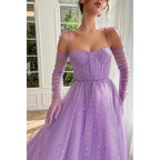 Vestido largo de fiesta lila con escote corazón y bolsillos, corte en A