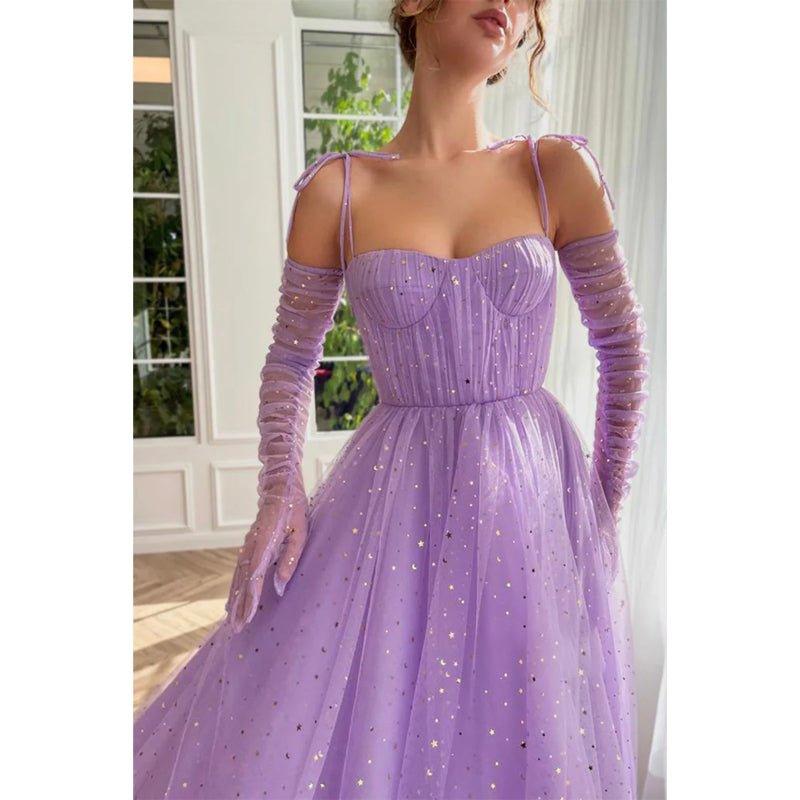 Vestido largo de fiesta lila con escote corazón y bolsillos, corte en A