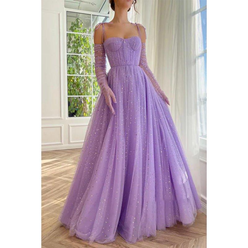 Vestido largo de fiesta lila con escote corazón y bolsillos, corte en A