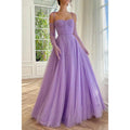 Vestido largo de fiesta lila con escote corazón y bolsillos, corte en A