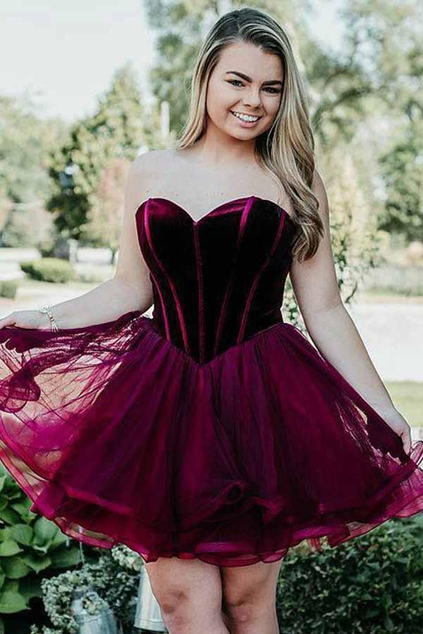 Vestido corto de organza burdeos con escote corazón y corte en A para fiesta de bienvenida PD039