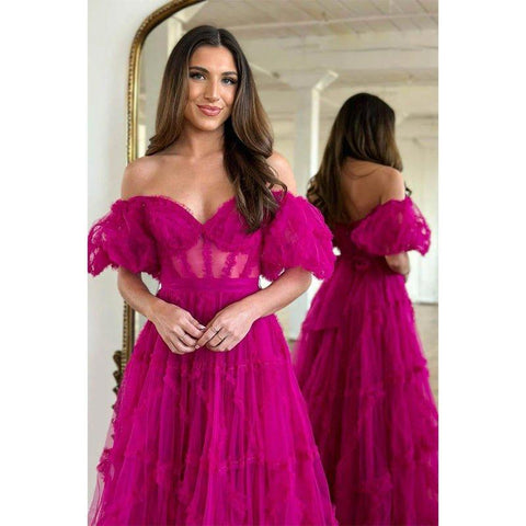 Vestido de graduación de corte A, escote corazón, mangas cortas, volantes de tul, cola larga para baile de bienvenida