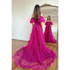 Vestido de graduación de corte A, escote corazón, mangas cortas, volantes de tul, cola larga para baile de bienvenida