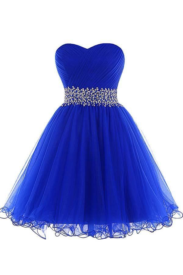 Vestido corto de tul azul real con escote corazón y corte en A para baile de bienvenida