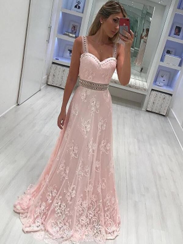 Vestidos de graduación de satén sin mangas, corte línea A, escote corazón y largo hasta el suelo con apliques