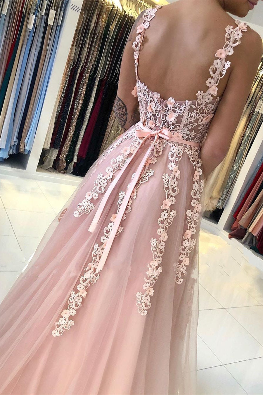 Vestidos de fiesta largos de corte A, sin mangas, con escote corazón y espalda descubierta con apliques de encaje