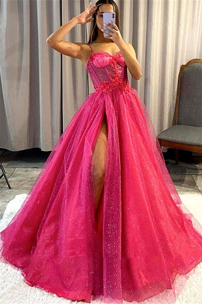 Vestidos largos de fiesta sin mangas, corte en A, escote corazón, tirantes finos, lentejuelas, apliques de encaje, sin mangas