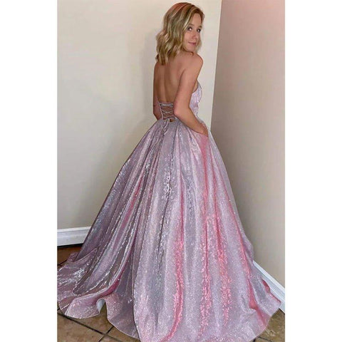 Vestido de graduación corte A con escote corazón y lentejuelas, con bolsillos 