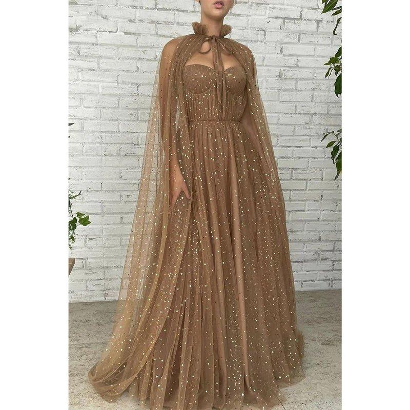 Vestido largo de fiesta de tul brillante con escote corazón y corte en A, con bolsillos 