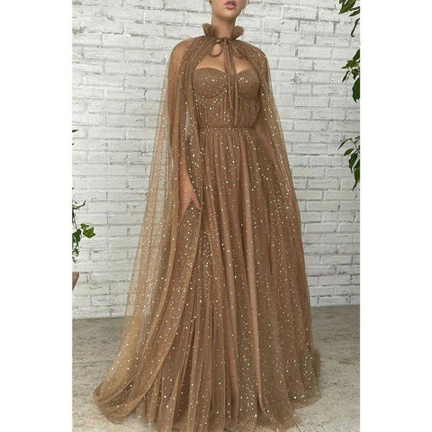 Vestido largo de fiesta de tul brillante con escote corazón y corte en A, con bolsillos 