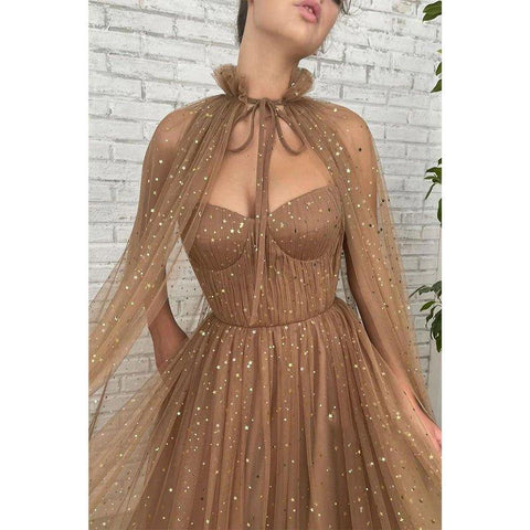 Vestido largo de fiesta de tul brillante con escote corazón y corte en A, con bolsillos 