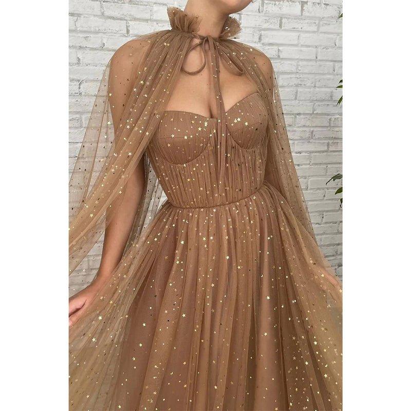 Vestido largo de fiesta de tul brillante con escote corazón y corte en A, con bolsillos 
