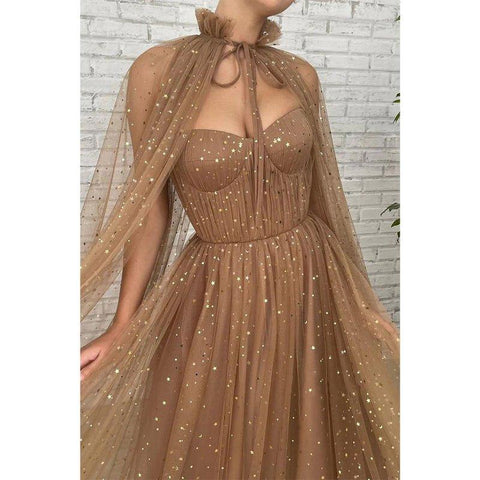 Vestido largo de fiesta de tul brillante con escote corazón y corte en A, con bolsillos 