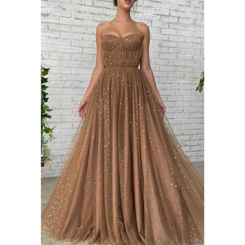 Vestido largo de fiesta de tul brillante con escote corazón y corte en A, con bolsillos 