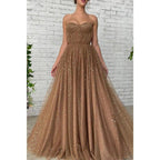 Vestido largo de fiesta de tul brillante con escote corazón y corte en A, con bolsillos 