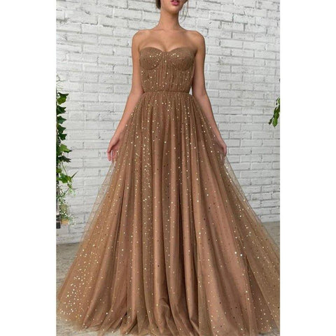 Vestido largo de fiesta de tul brillante con escote corazón y corte en A, con bolsillos 