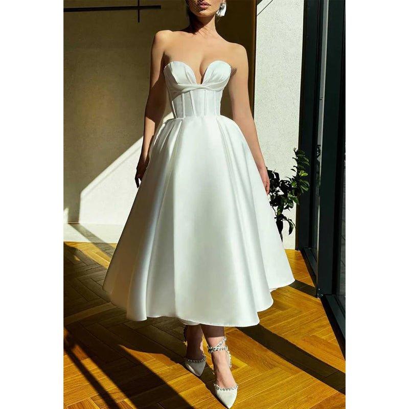 Vestido de fiesta de corte imperio, sin tirantes, corte en A, escote corazón 