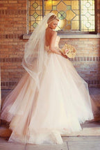 Vestido de novia largo de tul rosa sin tirantes con escote corazón y corte en A WD235