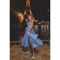 Vestido de noche midi brillante de corte A con escote corazón, sin tirantes y con abertura.