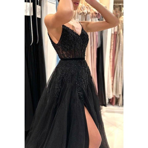 Vestido de fiesta formal de noche sin mangas, corte en A, escote corazón, apliques de tul y cuentas