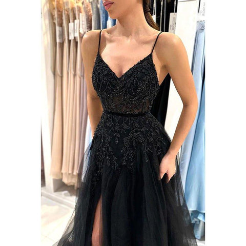 Vestido de fiesta formal de noche sin mangas, corte en A, escote corazón, apliques de tul y cuentas