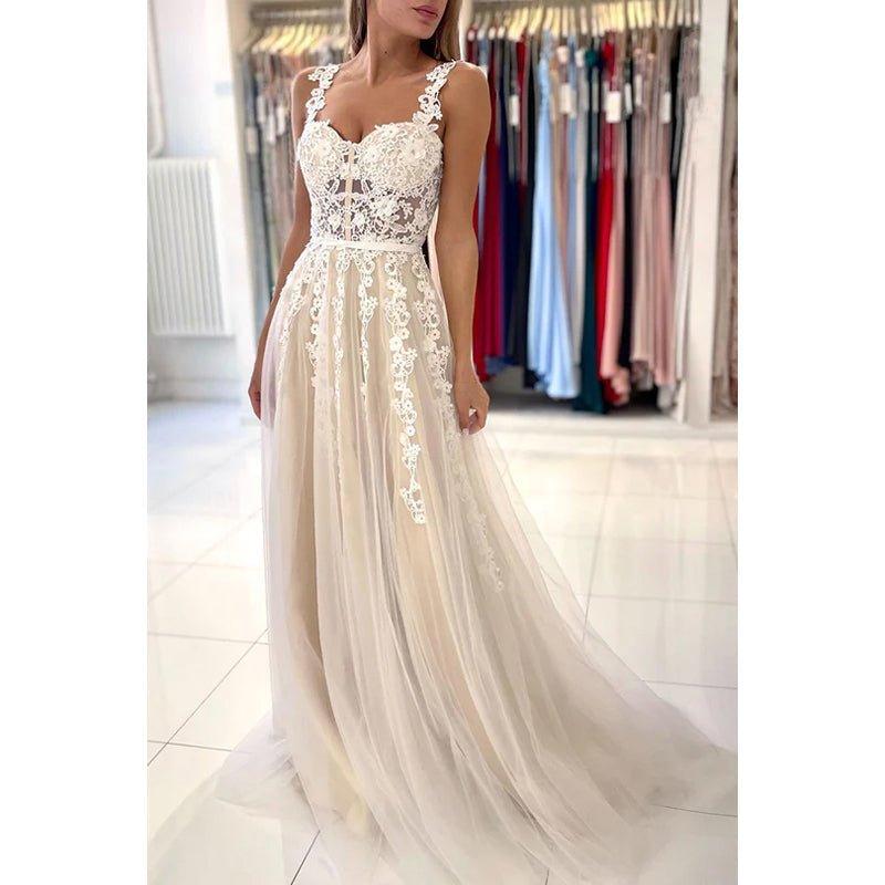 Vestido formal de noche de graduación sin mangas con apliques de tul y escote en forma de A