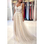 Vestido formal de noche de graduación sin mangas con apliques de tul y escote en forma de A