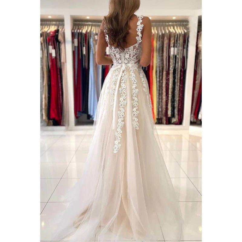 Vestido formal de noche de graduación sin mangas con apliques de tul y escote en forma de A