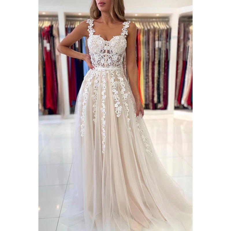 Vestido formal de noche de graduación sin mangas con apliques de tul y escote en forma de A