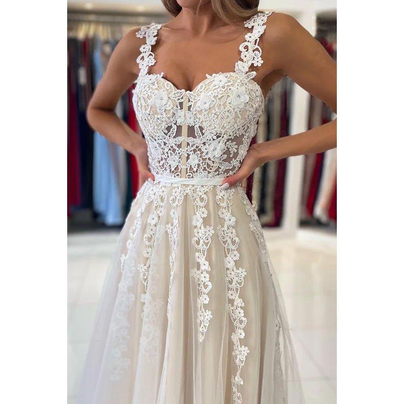 Vestido formal de noche de graduación sin mangas con apliques de tul y escote en forma de A