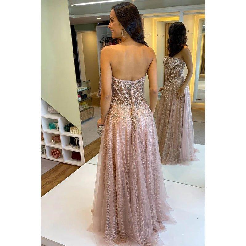 Vestido de noche formal largo de tul con cuentas y escote en forma de A 