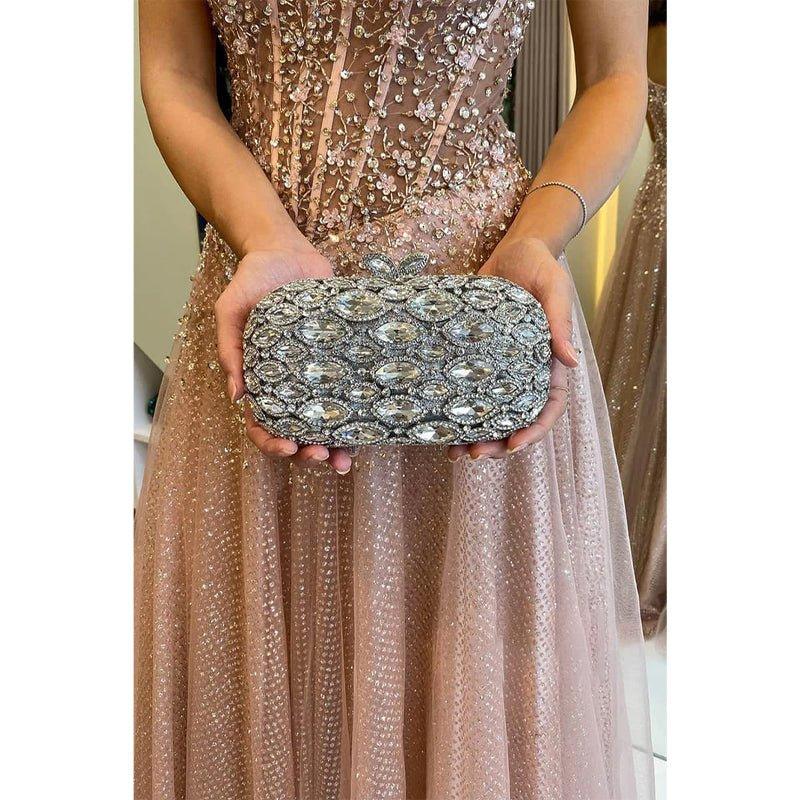 Vestido de noche formal largo de tul con cuentas y escote en forma de A 