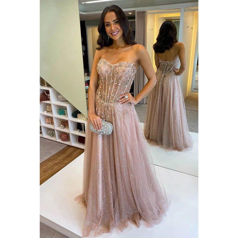 Vestido de noche formal largo de tul con cuentas y escote en forma de A 