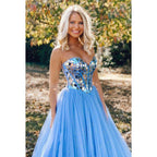 Vestido formal de noche de graduación sin mangas con escote en forma de A de tul con cuentas y escote en forma de corazón
