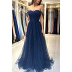 Vestido largo de fiesta formal de corte A con escote corazón y tul plisado