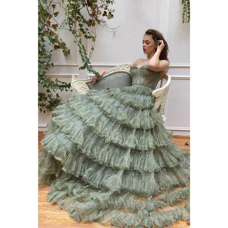 Vestido de noche formal de alta graduación con escote en forma de A, de tul, largo y escalonado 