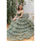 Vestido de noche formal de alta graduación con escote en forma de A, de tul, largo y escalonado 