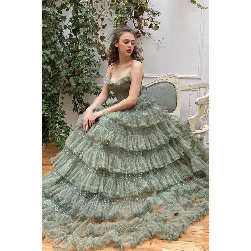 Vestido de noche formal de alta graduación con escote en forma de A, de tul, largo y escalonado 