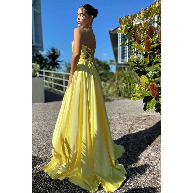 Vestido de fiesta amarillo largo, sencillo, con escote en forma de A y bolsillos 
