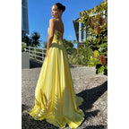 Vestido de fiesta amarillo largo, sencillo, con escote en forma de A y bolsillos 