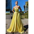Vestido de fiesta amarillo largo, sencillo, con escote en forma de A y bolsillos 